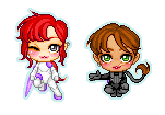 two chibi pixel dolls: a winking gal with peachy skin, grey eyes, primary red hair, volumous bangs, side locks, ponytail, wearing a white skin-tight powersuit with purple orbs asymmetrically attached to it, a purple light blade extending from one hand; a squatting dude with tan skin, green eyes, facial scar, brown hair, floppy bangs, wrapped ponytail, black and grey tactical outfit with purple backpack